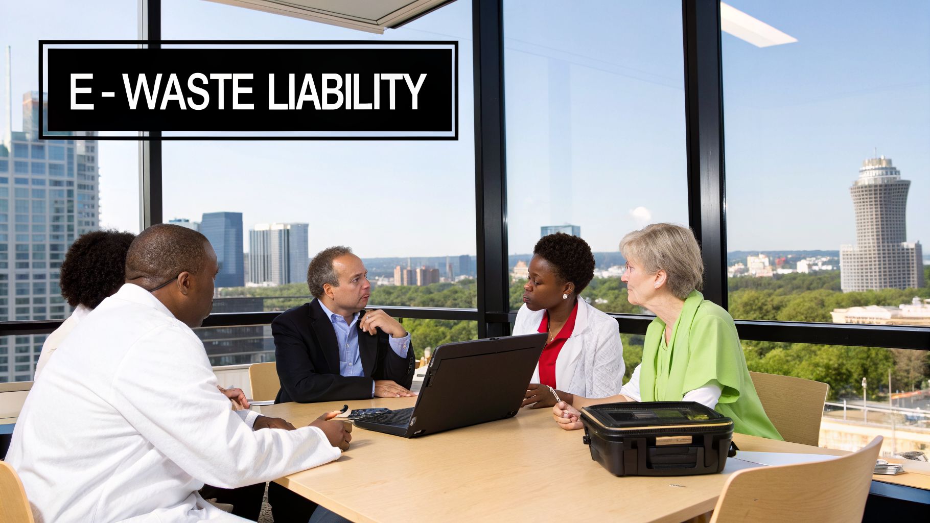 Diverse professionals discuss E-waste liability in a modern meeting room overlooking a city.
