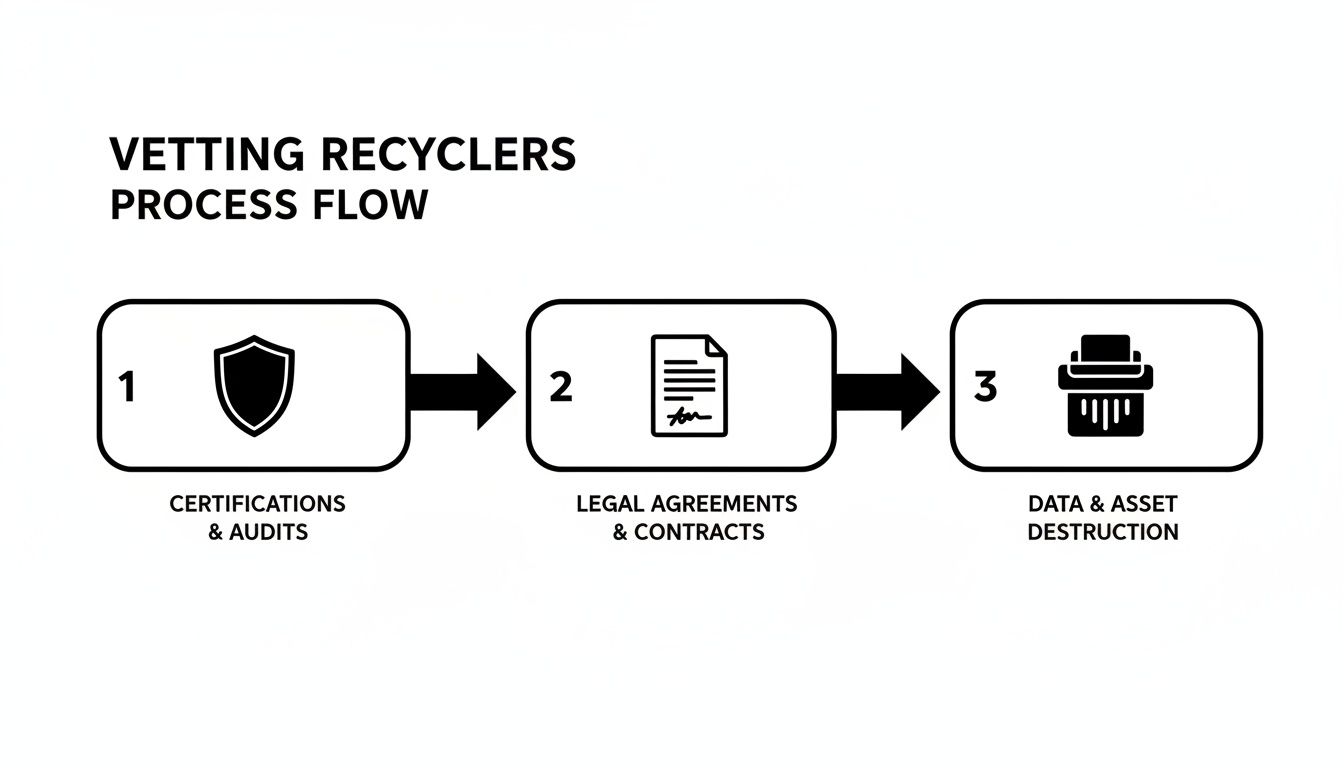 A three-step process flow for vetting recyclers, including certifications, legal agreements, and data destruction.