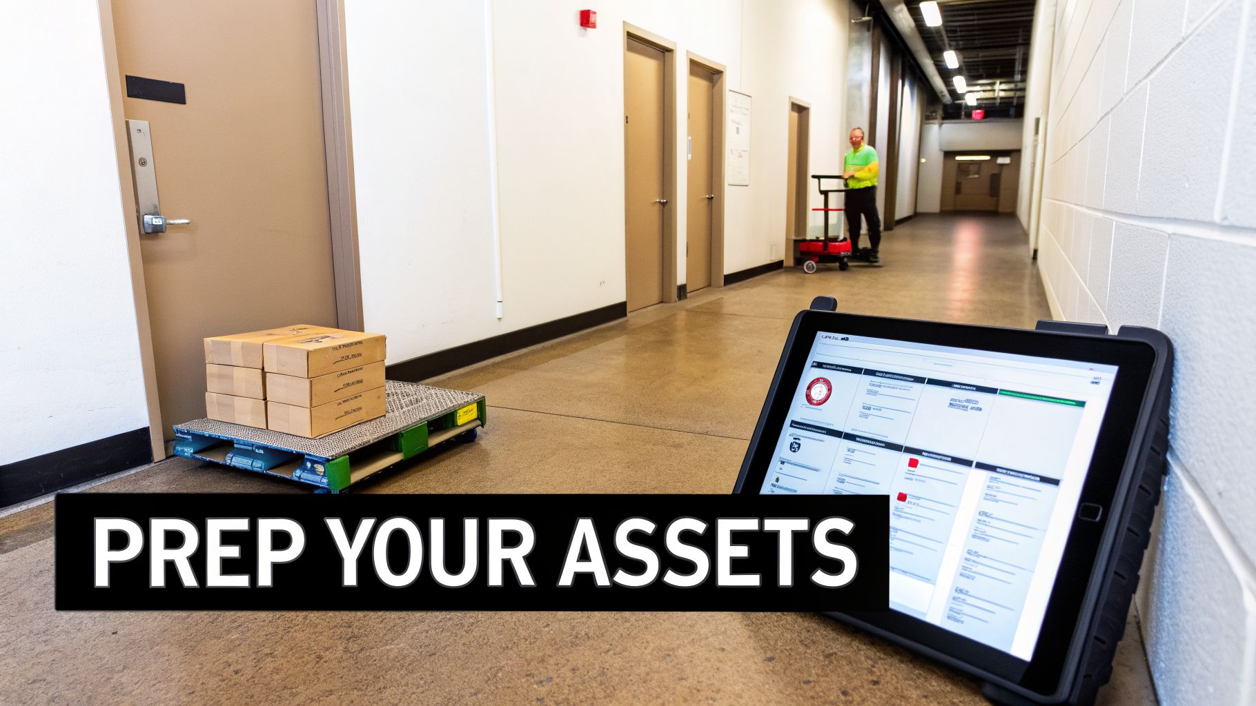 A rugged tablet displaying asset management software next to boxes on a pallet in a hallway, with a person pushing a cart in the background.
