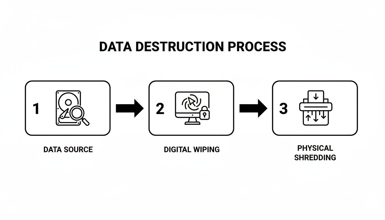 A diagram illustrating the three-step data destruction process: data source, digital wiping, and physical shredding.