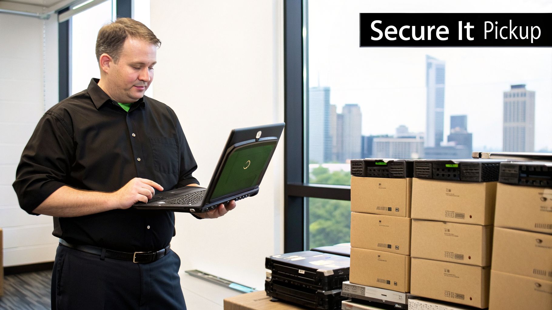 A man in a black shirt uses a laptop to scan stacks of IT equipment for secure pickup.