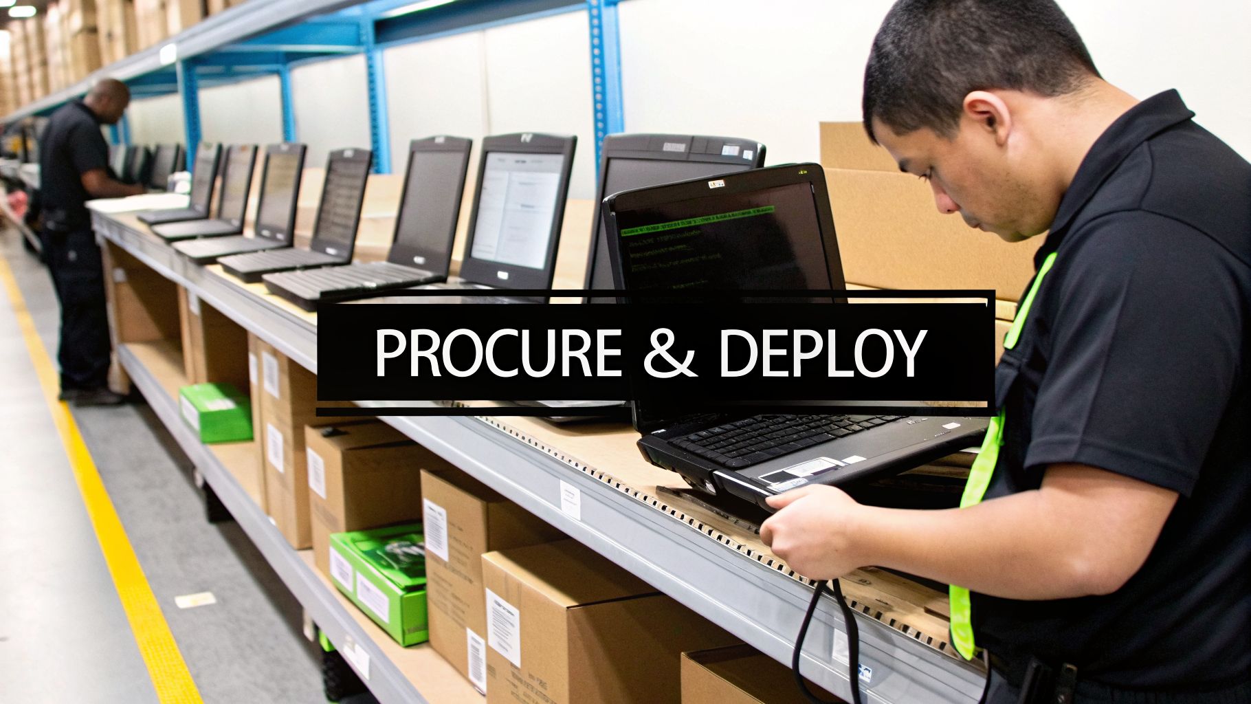Two IT technicians are setting up new laptops in a warehouse for procurement and deployment.