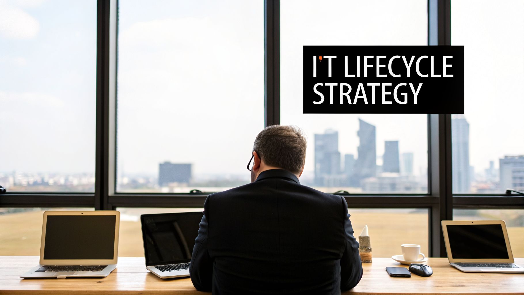 Businessman at a desk with laptops facing a city skyline, with 'IT LIFECYCLE STRATEGY' text.