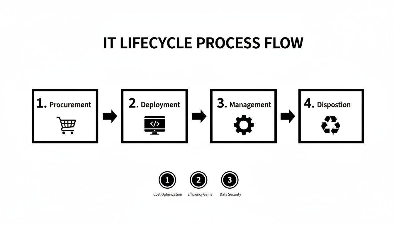 Flowchart illustrating the four stages of IT lifecycle: procurement, deployment, management, and disposition, with key benefits.