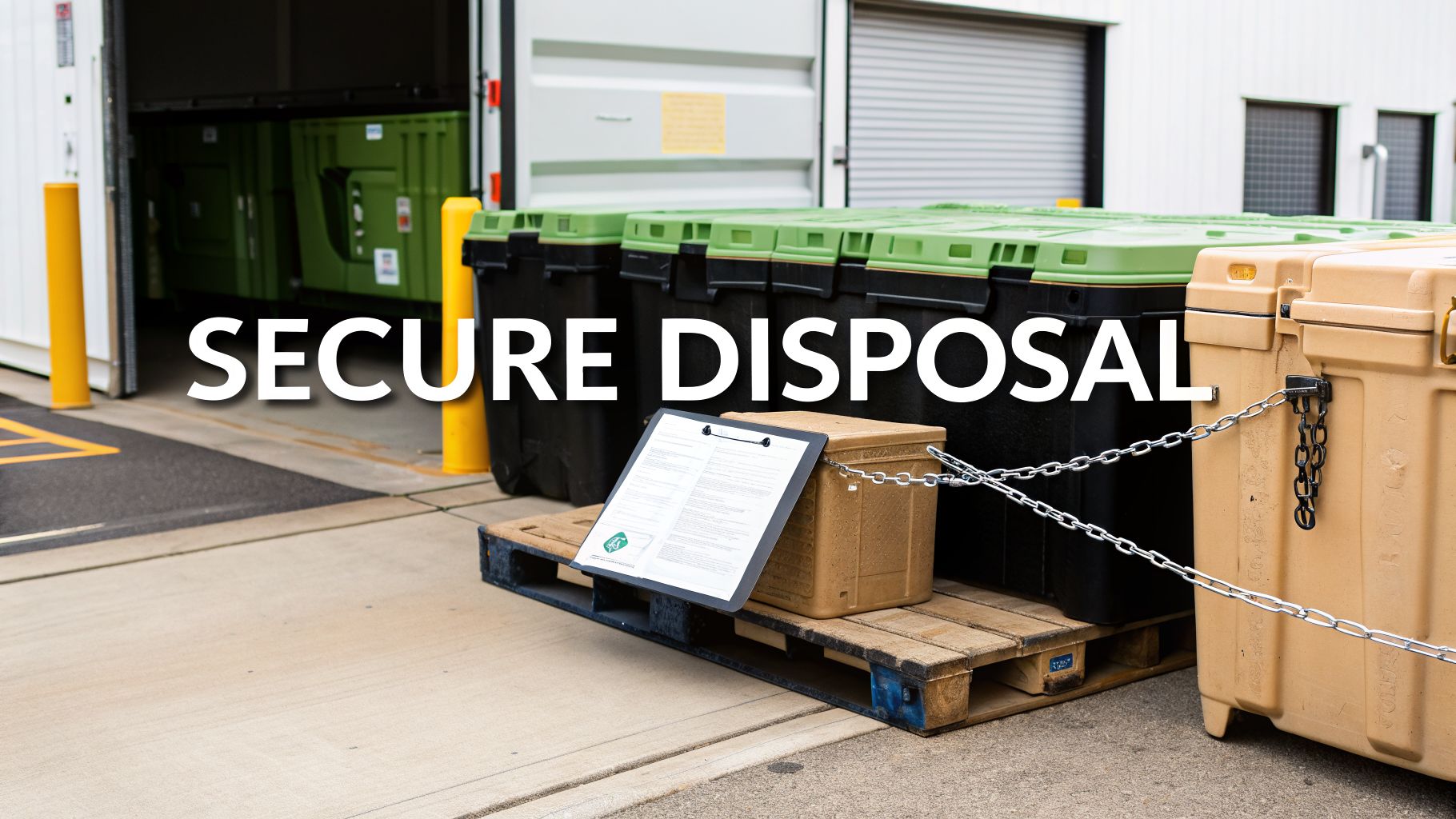 Large secure disposal bins, some chained, with a clipboard on a pallet outside a facility.