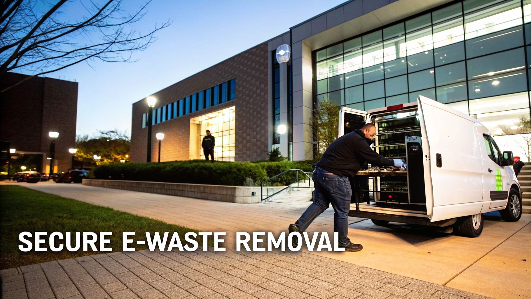 A man in a mask loads e-waste into a white van for secure removal near modern buildings.