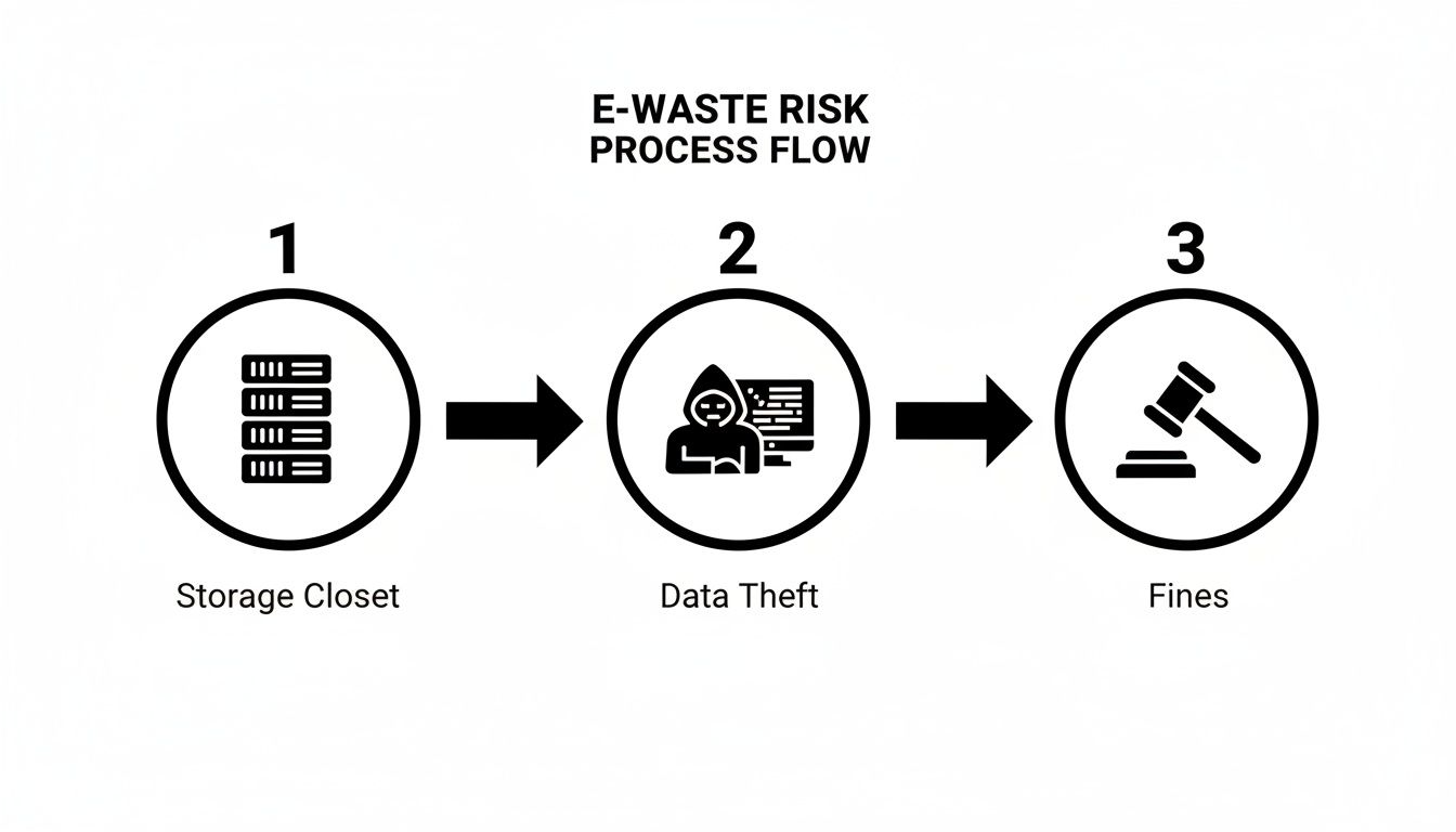 A flow diagram illustrating the e-waste risk process from storage to data theft and fines.