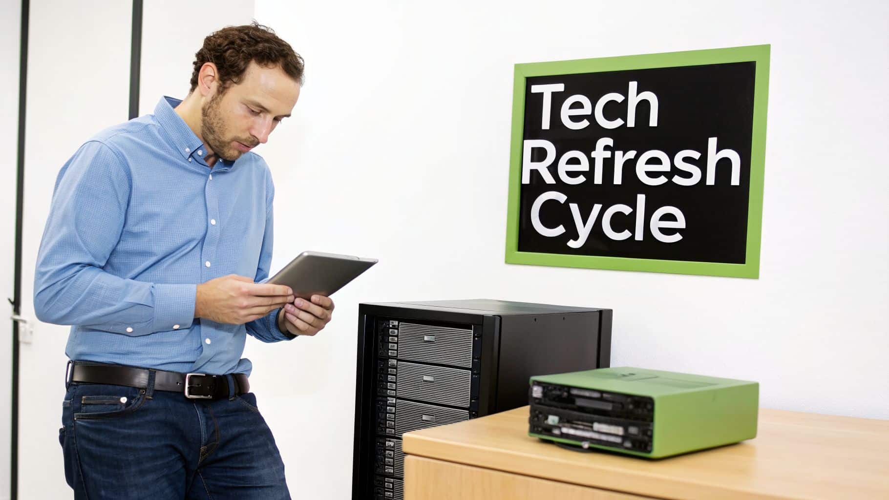 IT professional examining a tablet near server racks and a "Tech Refresh Cycle" sign.
