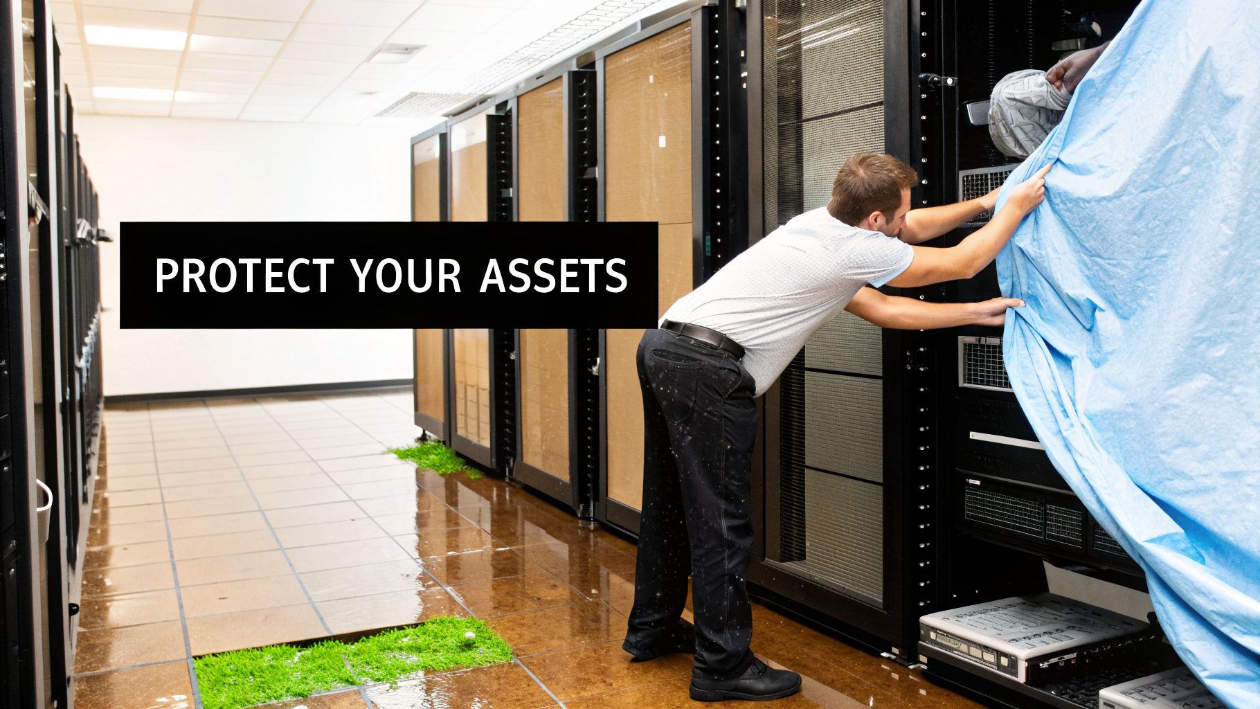 Workers covering server racks with blue tarps in a water-damaged data center, text 'PROTECT YOUR ASSETS'.