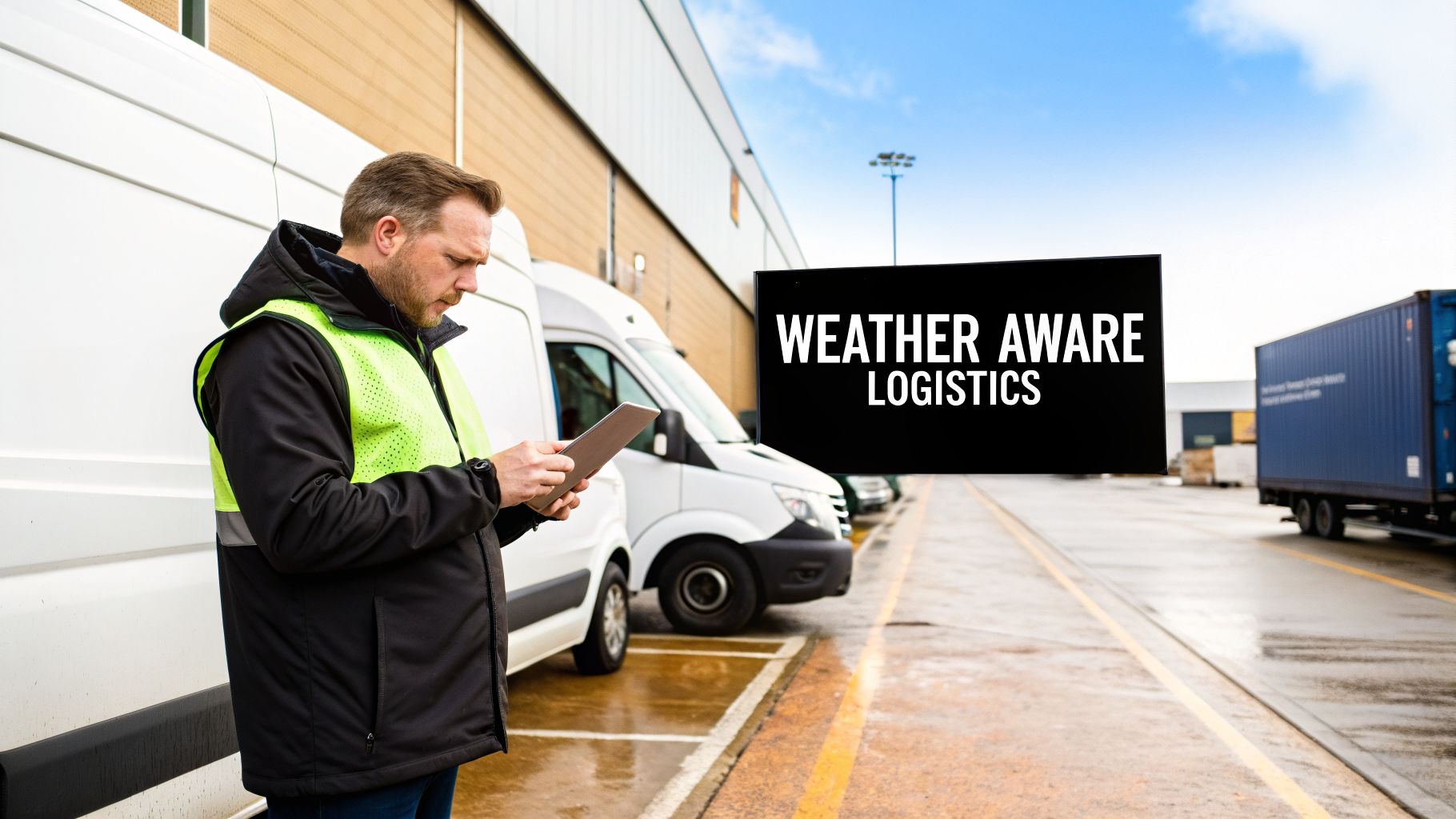 A logistics worker checks his tablet next to a delivery van with a 'Weather Aware Logistics' sign.