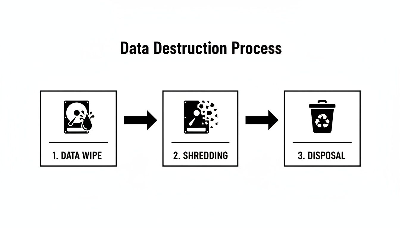 A data destruction process with three steps: data wipe, hard drive shredding, and disposal.