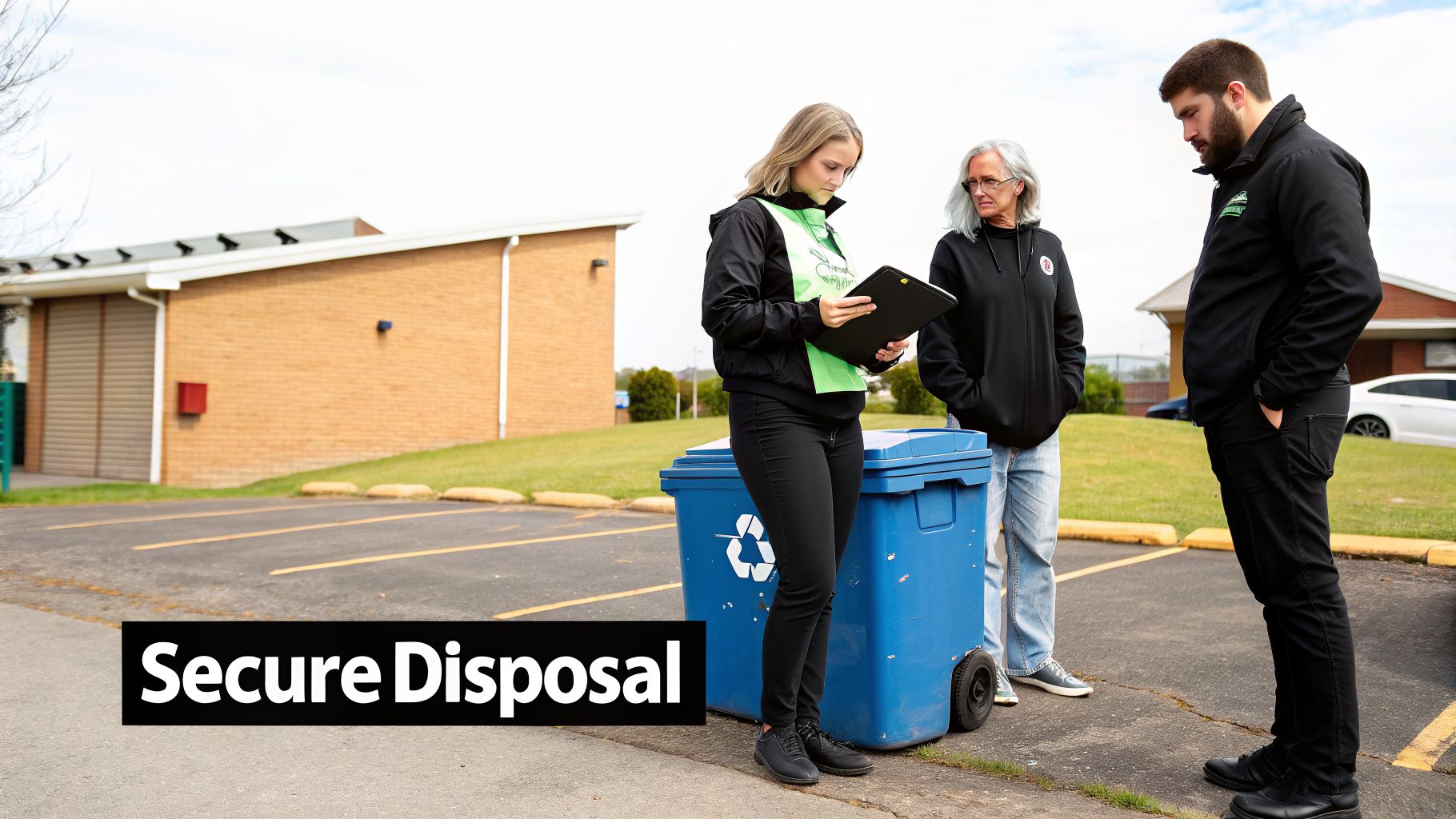 Three individuals stand by a blue recycling bin, engaged in a discussion about secure disposal.