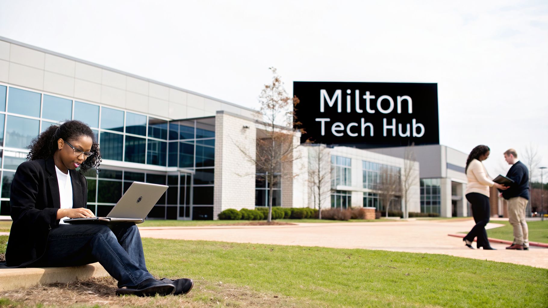 A woman works on a laptop outdoors on a modern tech campus with the Milton Tech Hub sign.