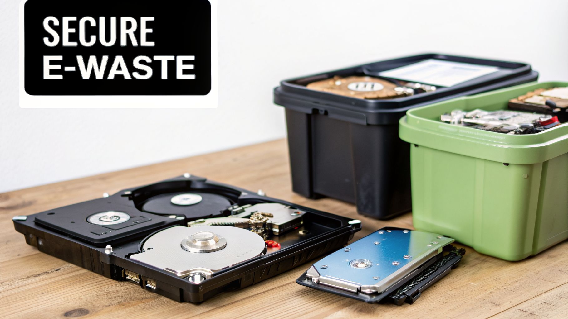 Opened hard drives and electronic waste in black and green bins with a 'Secure E-Waste' sign.