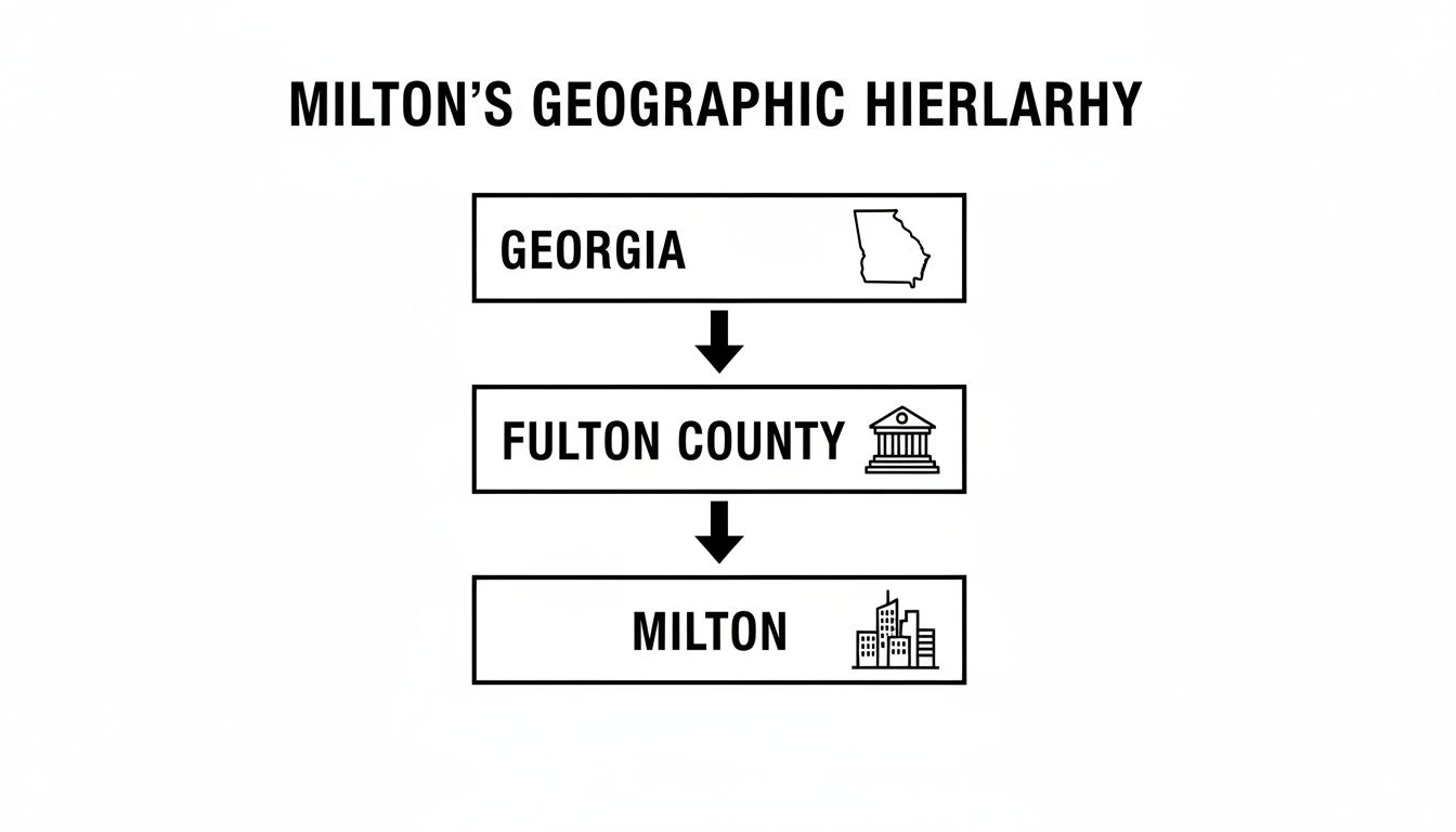 A geographic hierarchy diagram showing Milton, Georgia's location within Fulton County and the state of Georgia.