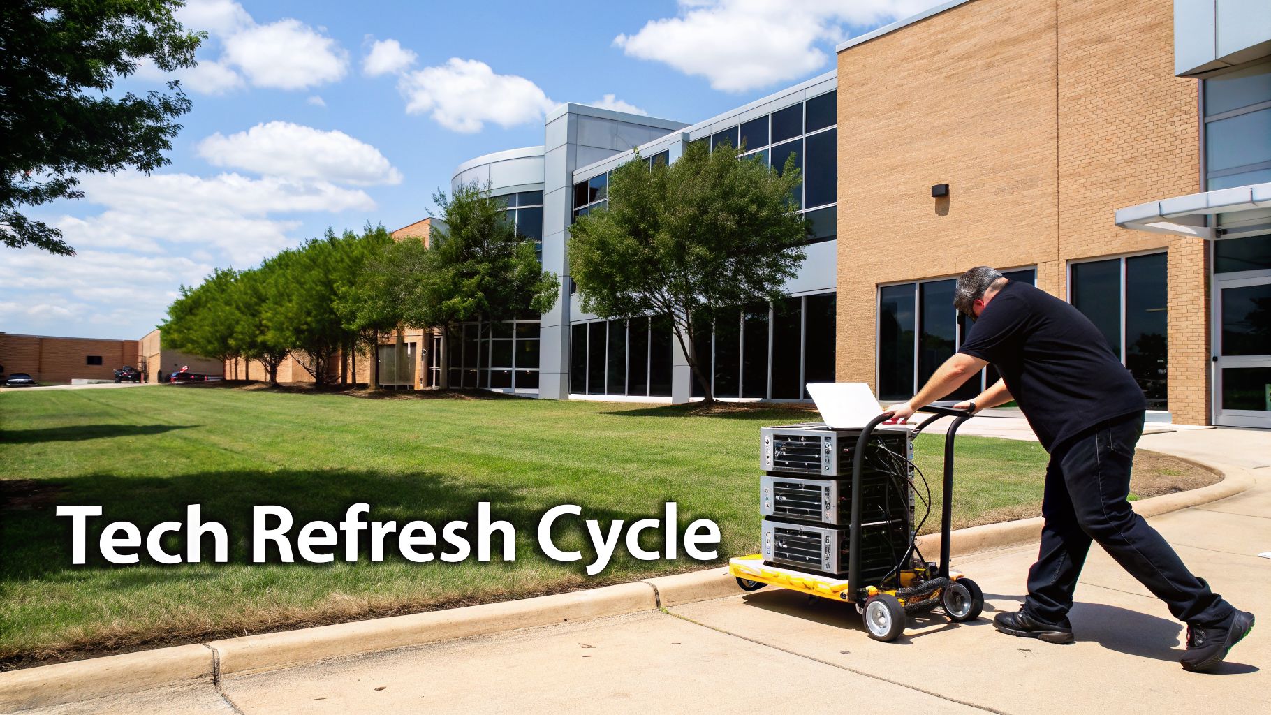 A man pushes a cart with server racks and a laptop outside a modern building for a tech refresh.