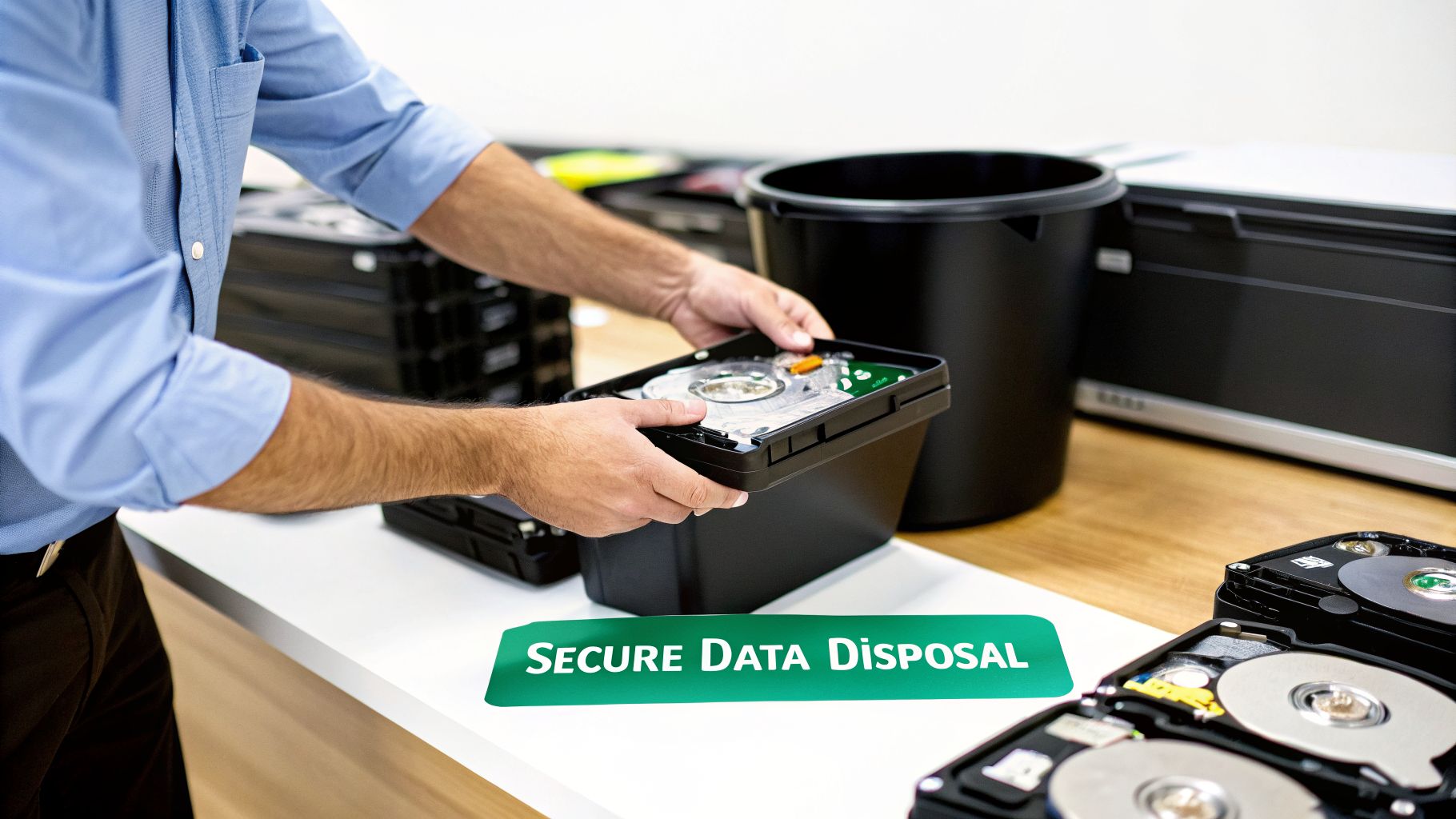 A person holds an open computer hard drive, preparing for secure data disposal, on a white table.
