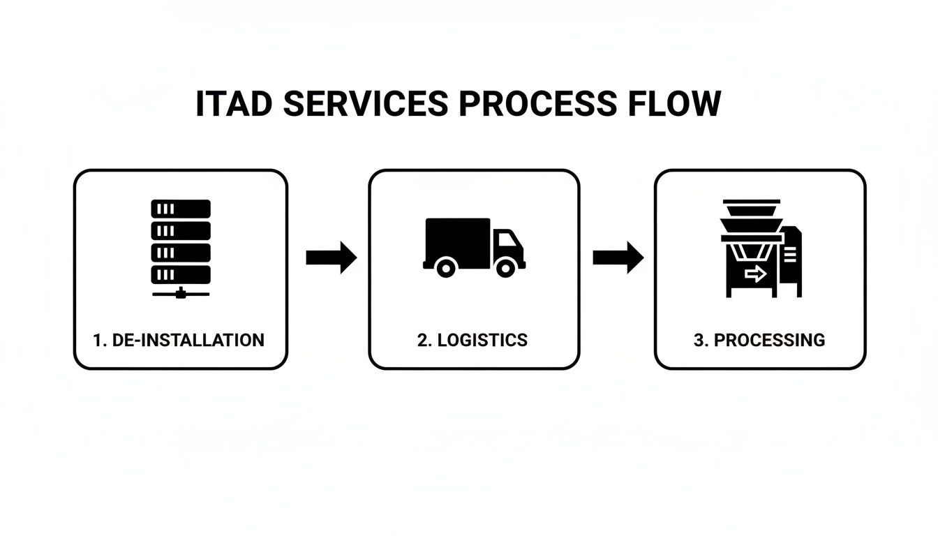 Process flow diagram illustrating ITAD services: de-installation, logistics, and processing steps.