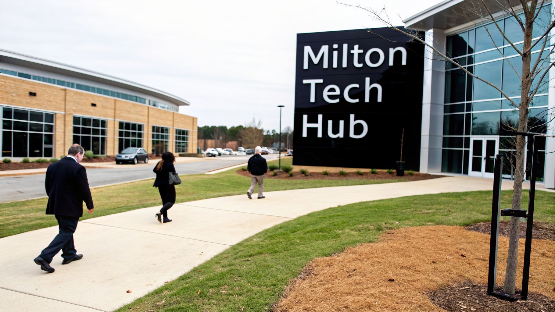 People walk on a path toward the Milton Tech Hub building on a cloudy day.