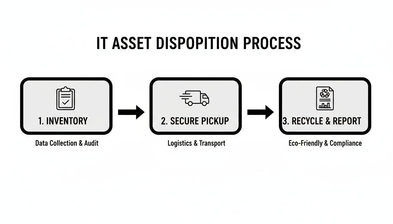 A flowchart illustrates the IT asset disposition process: Inventory, Secure Pickup, and Recycle & Report.
