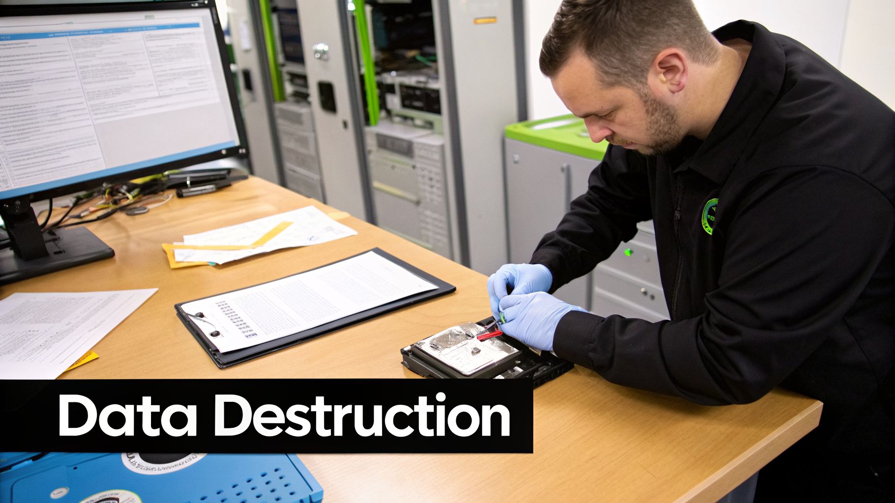Man in blue gloves working on a hard drive for data destruction in an office setting with servers.