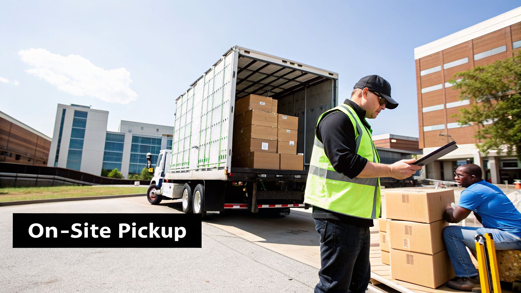 Two workers handling boxes near a truck, preparing for an on-site pickup at a commercial building.