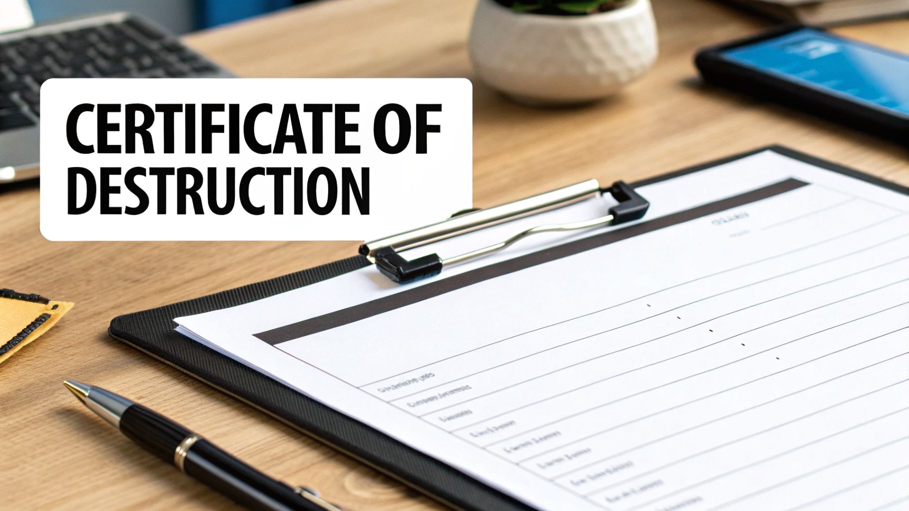 A 'Certificate of Destruction' document placed on a clipboard with a pen on a wooden desk.