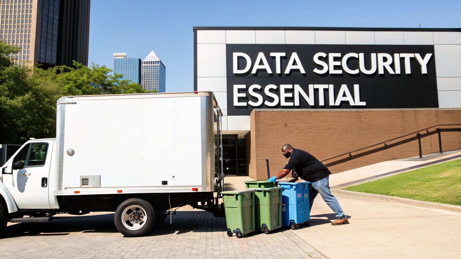 A man loads document shredding bins onto a white truck in front of a building promoting data security.