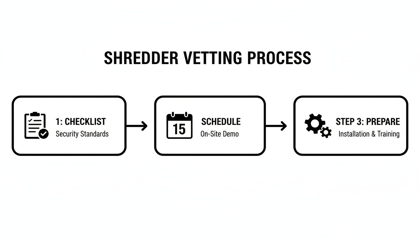 A three-step diagram outlining the shredder vetting process: checklist, schedule on-site demo, and preparation.