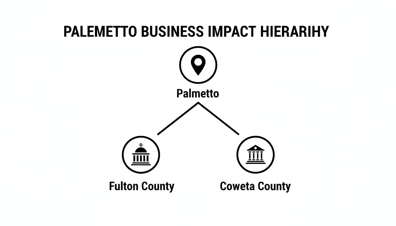 Hierarchy diagram showing Palmetto connected to Fulton County and Coweta County, illustrating business impact.