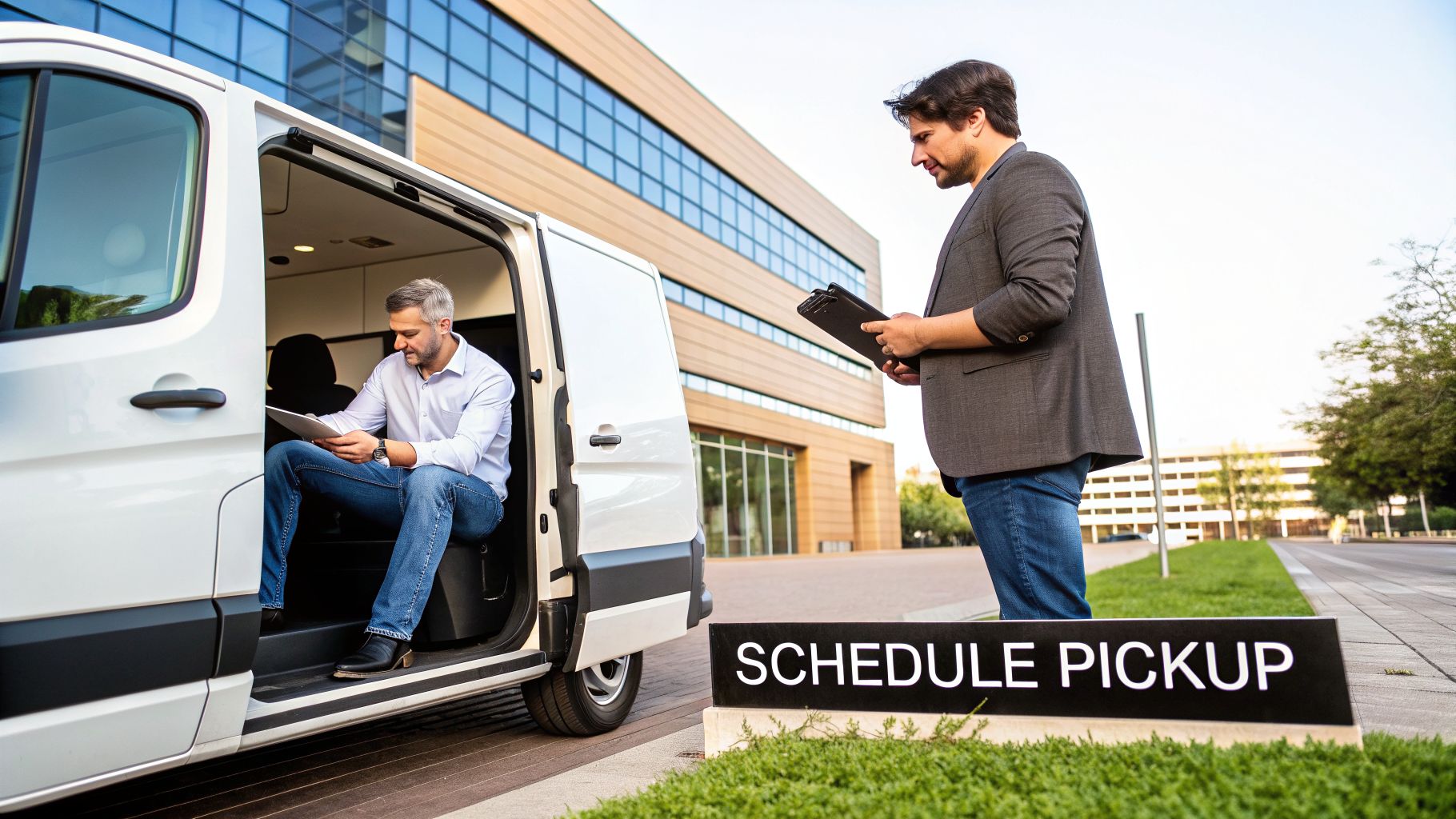 Two men arranging a pickup: one in a white van, the other standing with a clipboard.