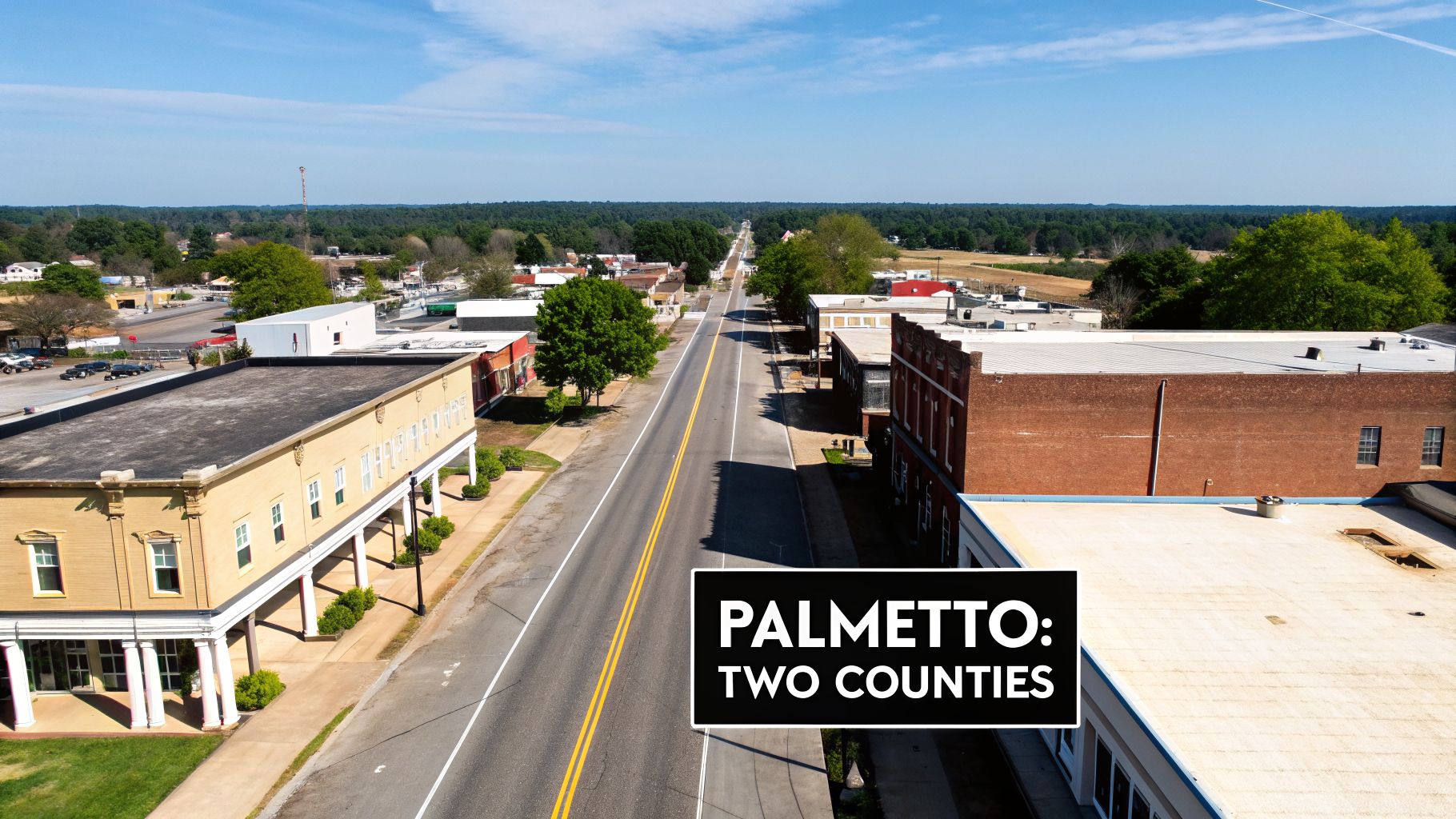 Aerial view of a quiet small town street lined with buildings and green trees under a clear blue sky.