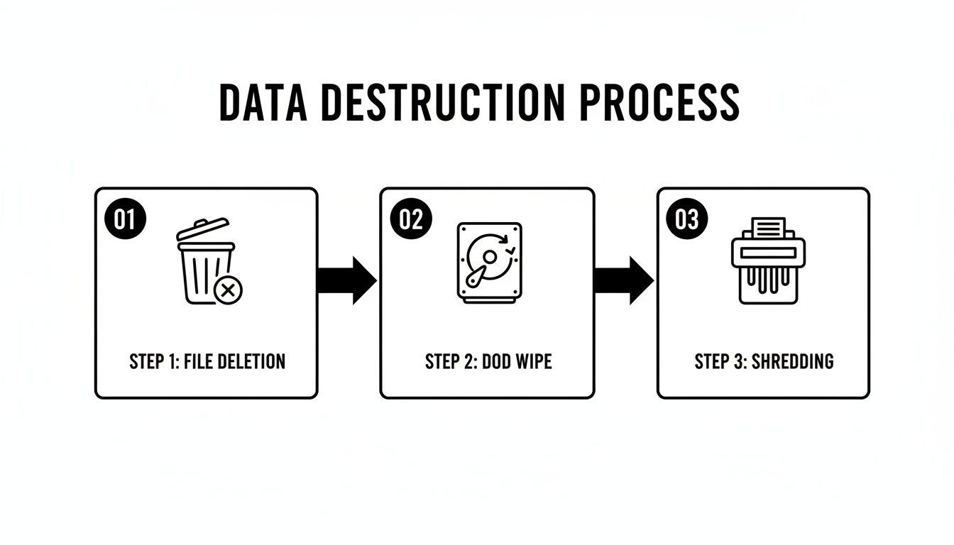 A diagram illustrates the three steps of data destruction: file deletion, DOD wipe, and shredding.
