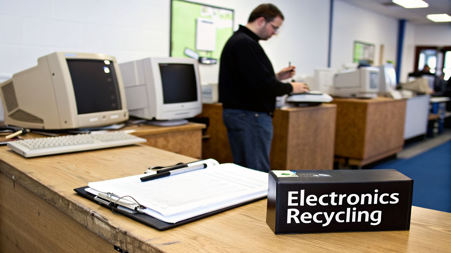 Electronics recycling center with a sign, old computer monitors, keyboards, and a person working.