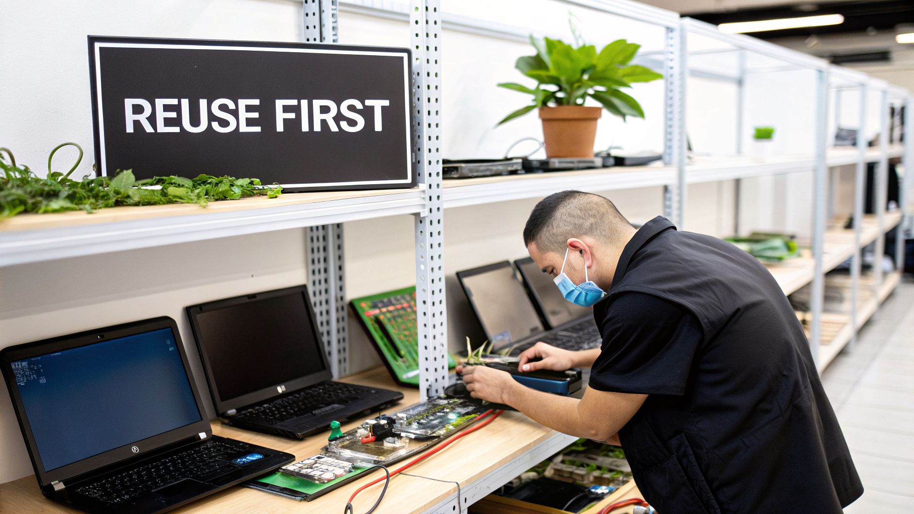 Man in mask repairing electronics on a workbench with a 'REUSE FIRST' sign.