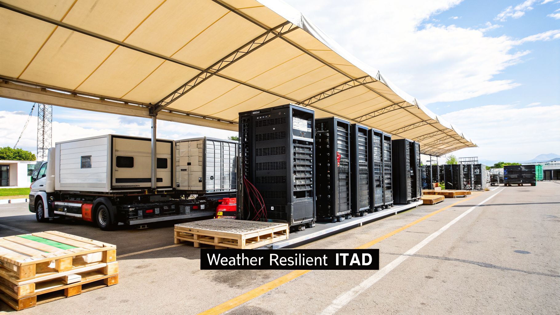 Outdoor IT infrastructure with rows of server racks under a weather-resilient canopy and a truck.