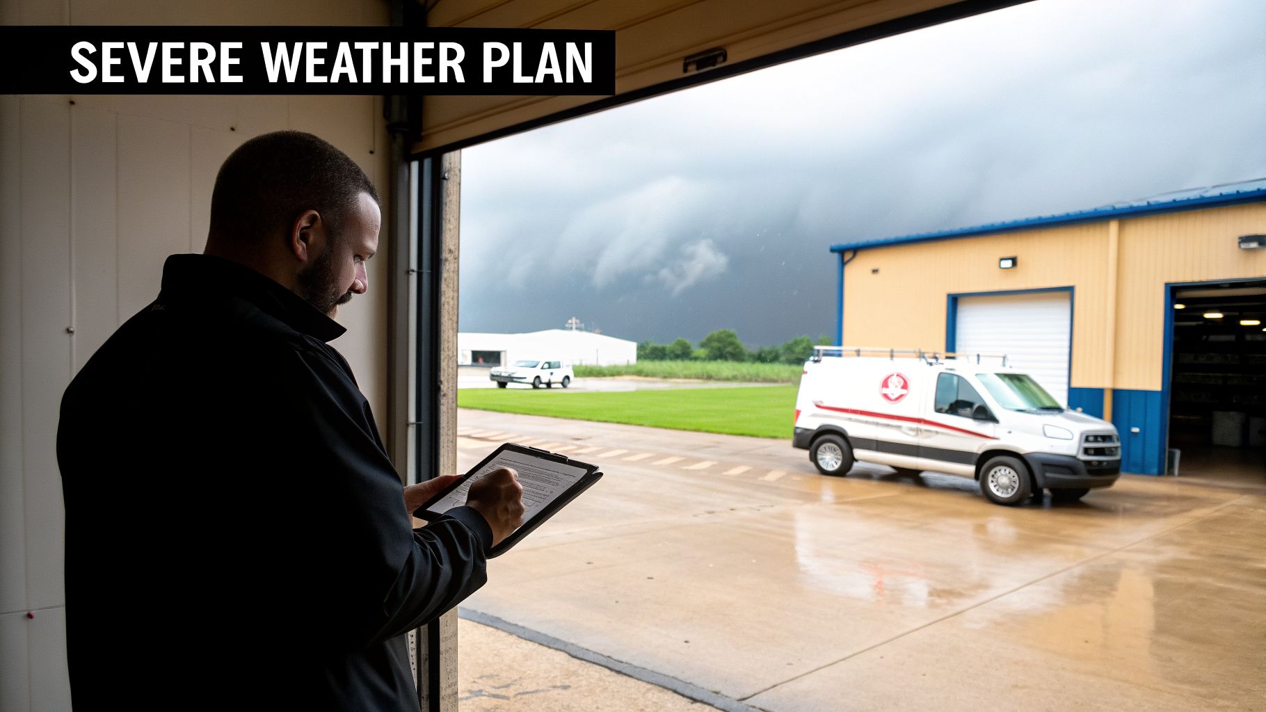 A man reviews a severe weather plan on a tablet while looking out at stormy skies and a service van.
