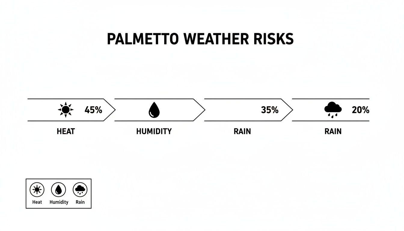 Infographic showing Palmetto weather risks with percentages for heat, humidity, and rain.