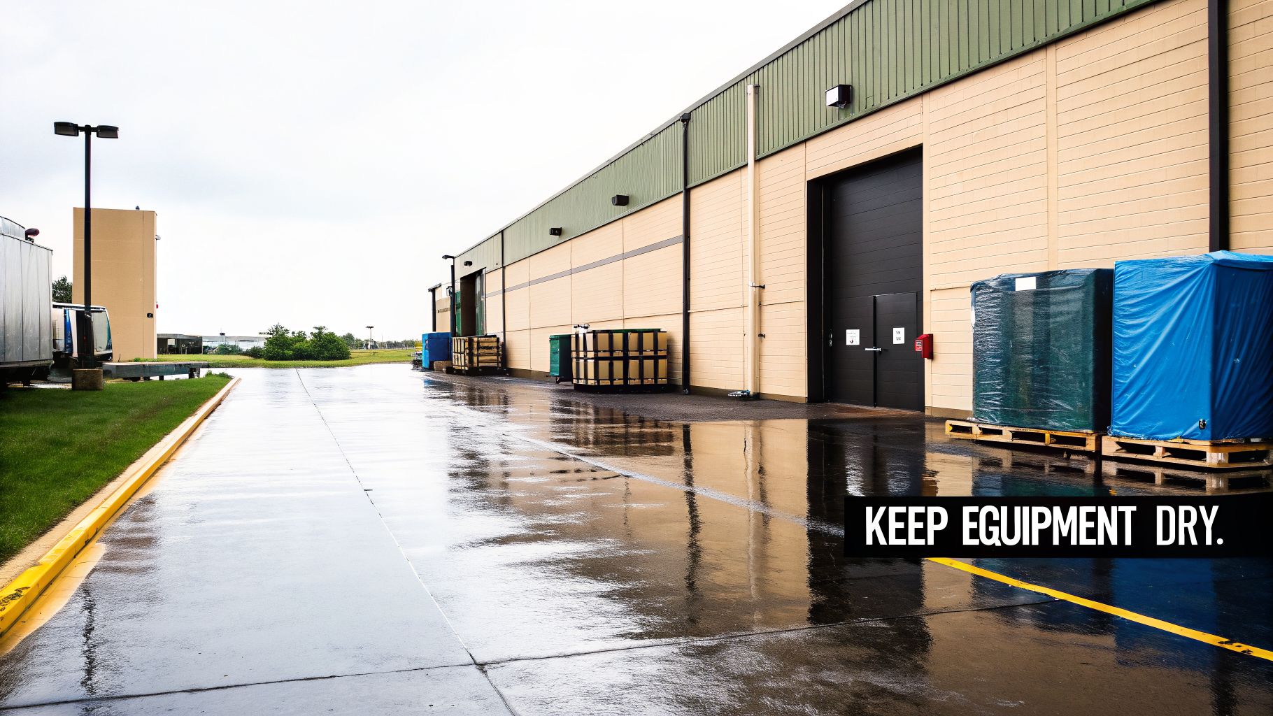 A commercial building's loading dock area with wet pavement, pallets, and a “KEEP EQUIPMENT DRY” sign.