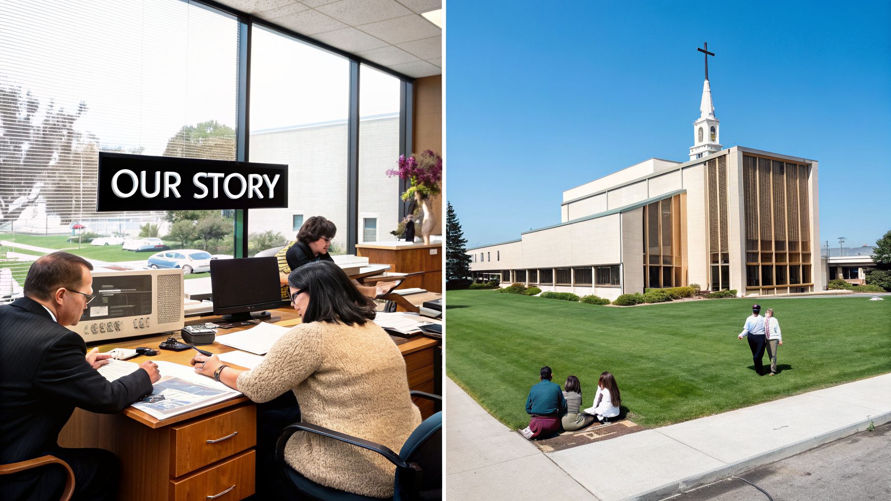 Diptych showing people working in an office with an 'OUR STORY' sign, and a modern church building.