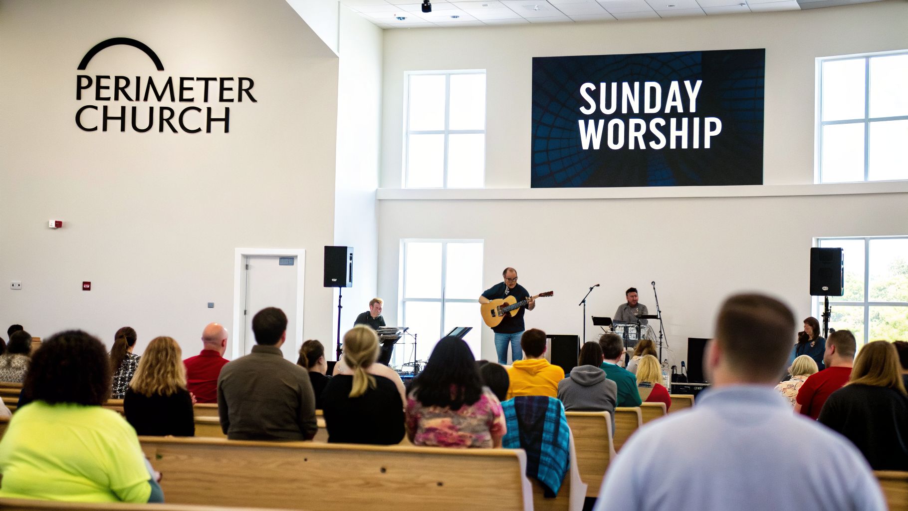 Congregation watching musicians perform during Sunday worship at Perimeter Church.