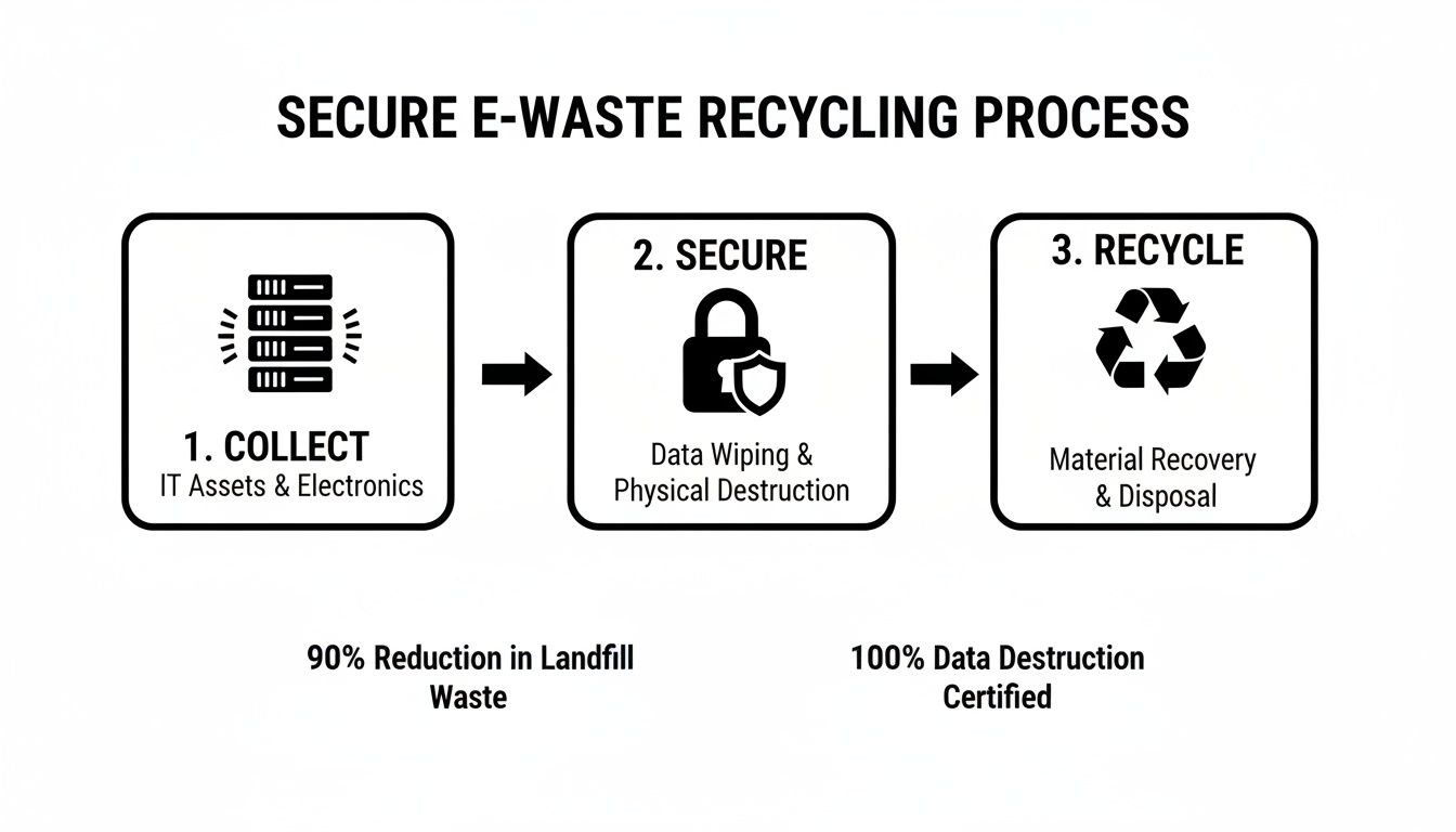 Flowchart illustrating a secure e-waste recycling process, from collection and data destruction to material recovery.