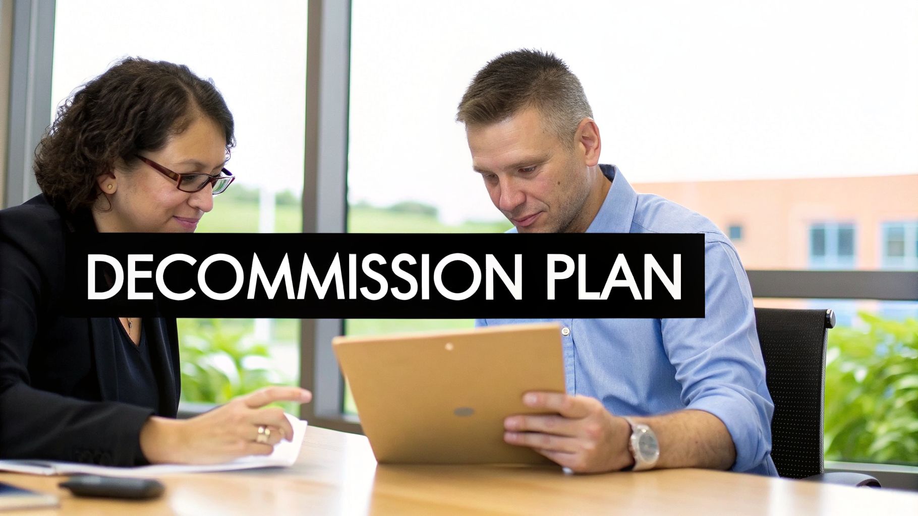 Two business professionals, a man and a woman, review a "DECOMMISSION PLAN" document in an office.