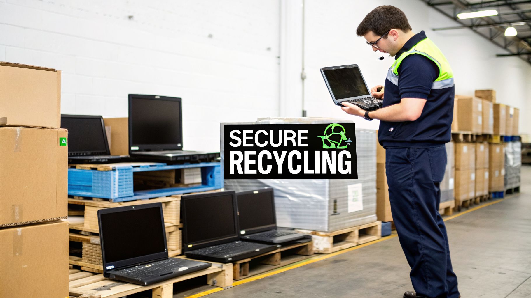 Man in warehouse prepares laptops for secure electronics recycling and data destruction.