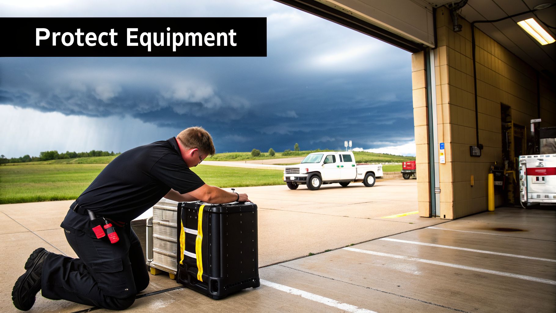 A man kneels outside a garage, securing black equipment cases under a dark, stormy sky.