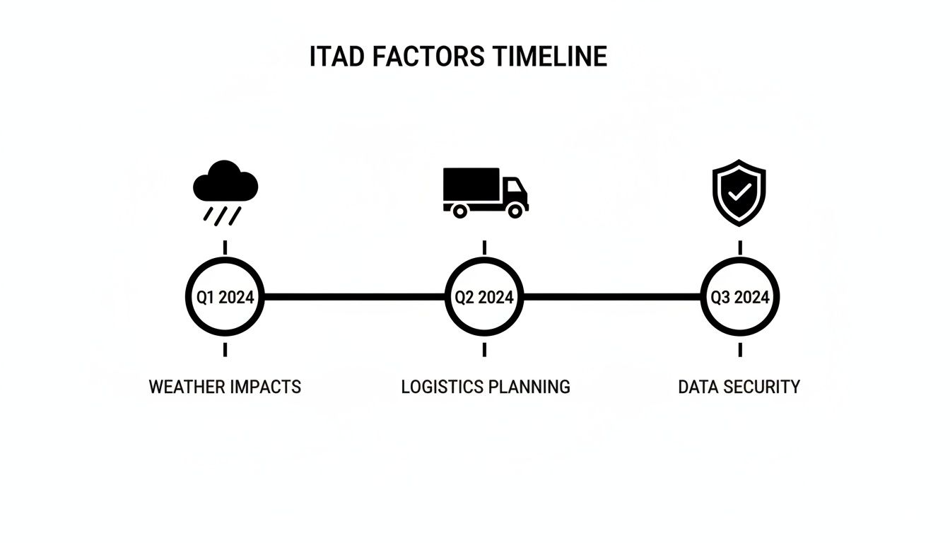 A 2024 ITAD factors timeline showing weather impacts, logistics planning, and data security.
