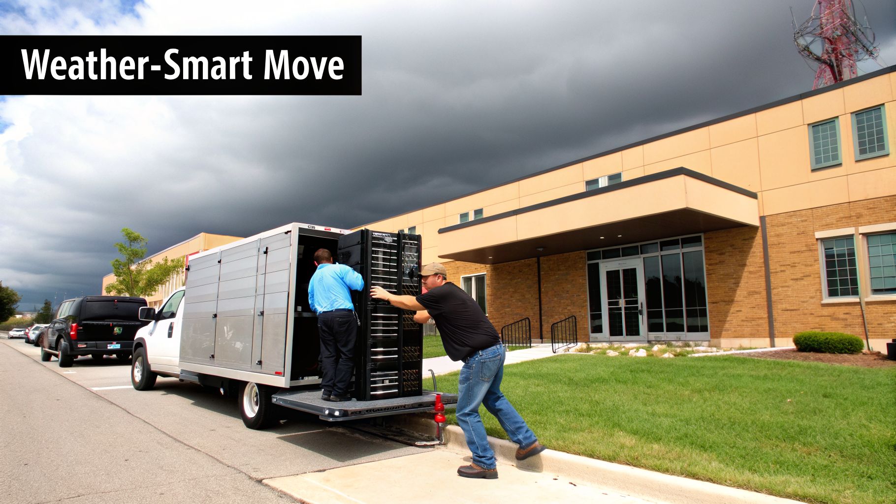 Two men move large equipment from a truck, making a 'weather-smart move' under dark clouds.
