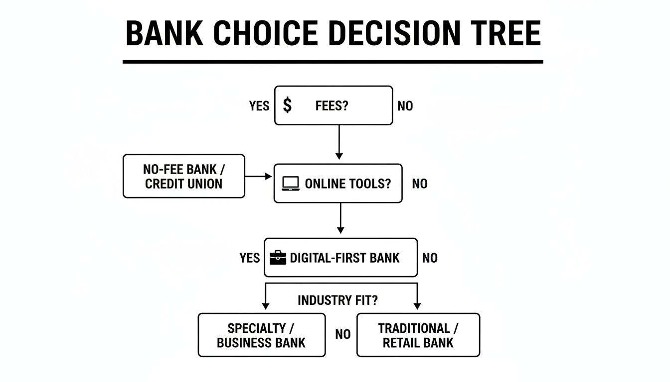 A bank choice decision tree flowchart, guiding selection based on fees, online tools, and industry fit.
