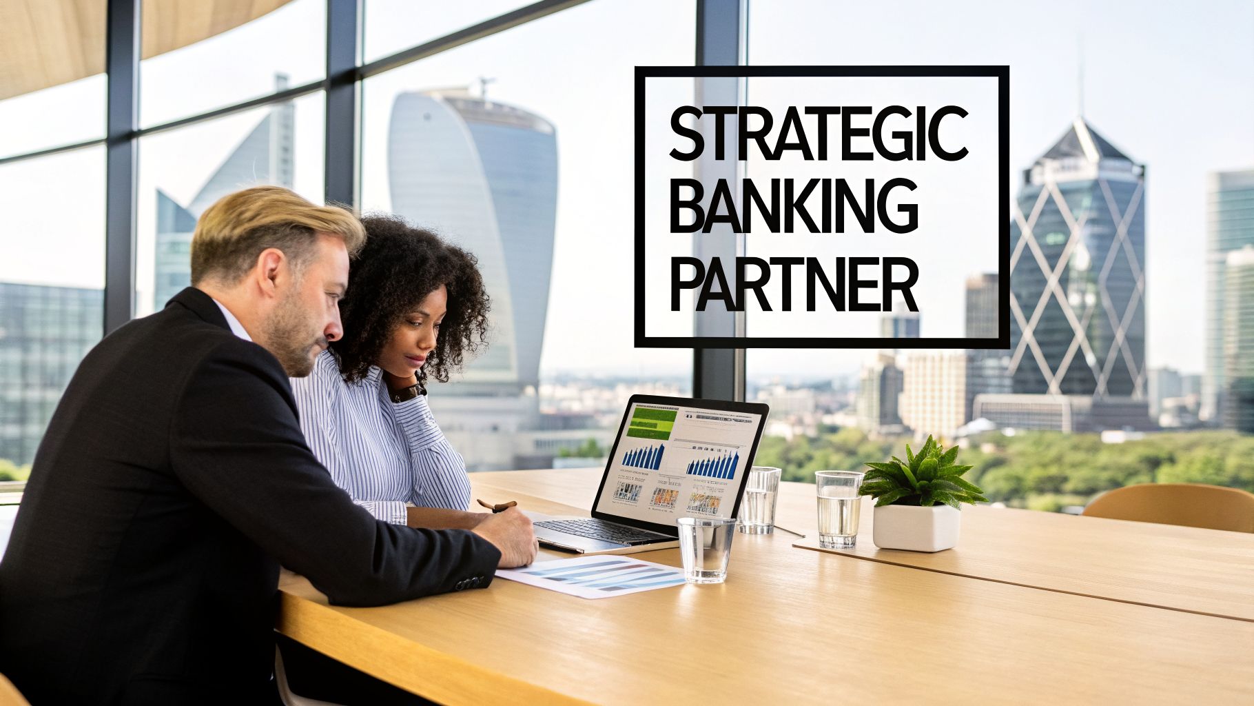 Two business professionals, a man and a woman, collaborate at a desk in a modern office overlooking a city skyline.