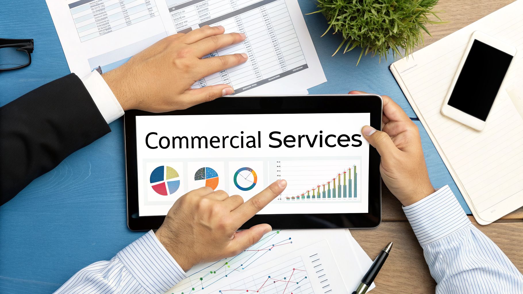 Overhead view of hands viewing a tablet with 'Commercial Services' and business charts on a desk.